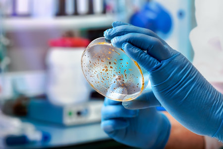 microbiologist hand cultivating a petri dish whit inoculation loops / lab technician holding a petri...