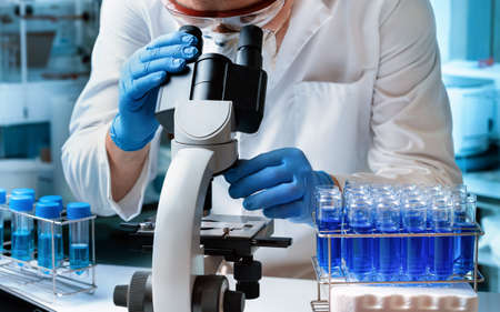 Microbiologist examining biological samples with a microscope and an inoculation loop in the...
