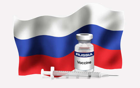 Russian emblem flag with vial of antibiotic for vaccination of diseases / Illustration of Russia flag with vaccine vial and Syringe. Serie Concept Vaccinationの写真素材