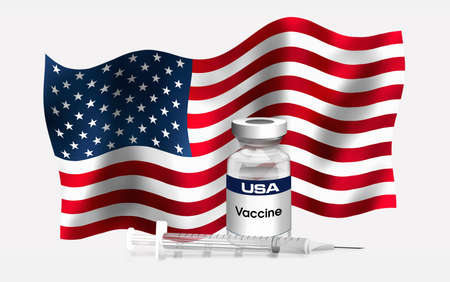 United states emblem flag with vial of antibiotic for vaccination of diseases / Illustration of American flag with vaccine vial and Syringe. Serie Concept Vaccinationの写真素材