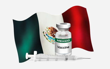 Mexican emblem flag with vial of antibiotic for vaccination of diseases. Illustration of Mexico flag with vaccine vial and Syringe. Serie Concept Vaccinationの写真素材