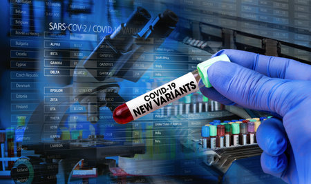 Doctor researcher in the analysis lab holding tube of blood of new strain with analyzer equipment of laboratory and screen with generic data of the evolution global of covid-19 Coronavirus Mutationsの写真素材