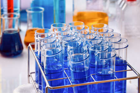 Test tubes in Research laboratory for development of experiments. Equipment and tubes for mixing fluids in the chemistry labの写真素材