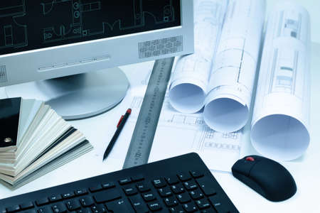 work table with tools for Construction projects or Architecture plans. working tools in the architect studio with engineering or architecture projectsの写真素材