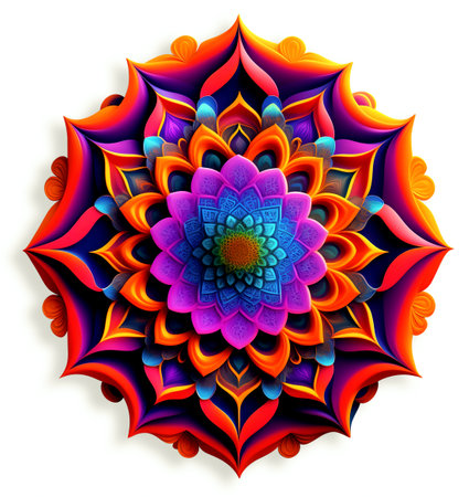 Illustration of abstract rosette symmetrical mandala pattern, style futuristic. Colorful Mandala floral ornate pattern Isolated in white background. generative aiの写真素材