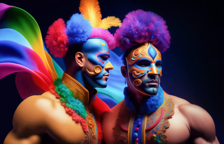 Two men masked and painted celebrating pride parade party. illustration couple of men disguised with carnival masks and flag rainbow multicolor in blue background. Generative aiの素材
