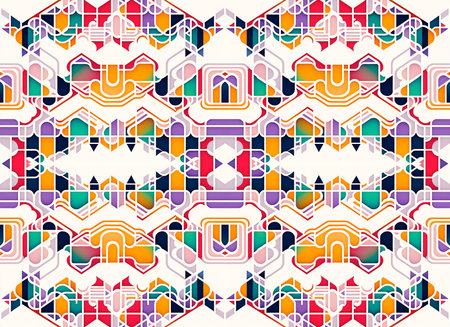 Psychedelic rapport of shapes in mirrored background for repeat. Seamless pattern Retro whit lines and shapes Groovy 70's style random in white background. Generative AIの素材