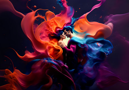Couple of man and woman embrance in colorful magic waves of color. Two lovers embrace in a surreal world of colored liquid that envelops them in a fantasy dream. Generative ai.の素材