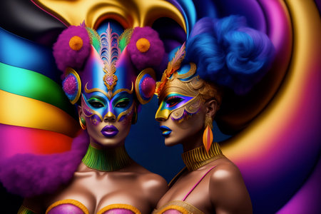 Divas in glamorous dresses with beautiful hairstyles and make-up for show. Two fabulous drag queens with style, elegance and glamour. Generative aiの素材