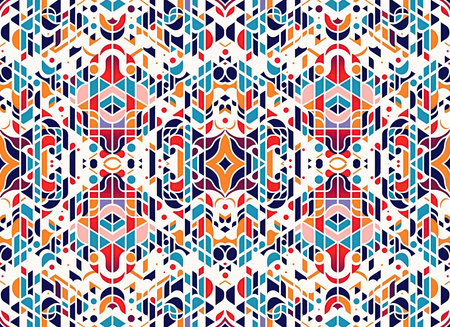 Rapport retro style with lines abstract form figures geometrics random. Seamless tileable pattern of lines crossed and shapes in abstract style in white background. Generative AI.の素材