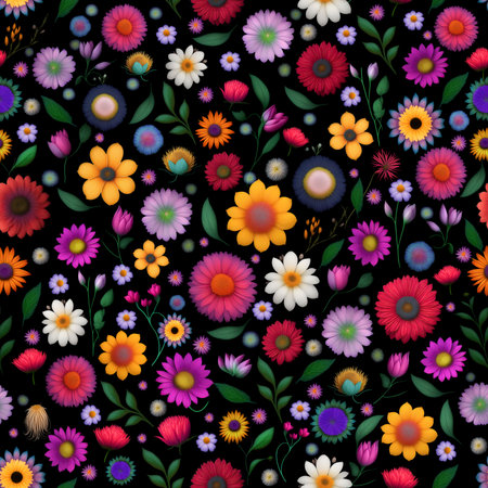 Wallpaper of beautiful florwers for backgrounds, tapestries, prints. Pattern of flowers power design for decorative rapport in black background. Generative AI.の素材