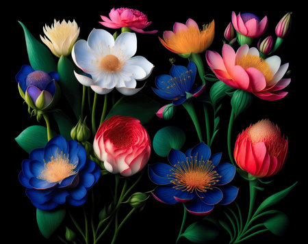 Decorative botanical wallpaper with garden flowers bouquet in dark background. A bunch of colorful Spring flowers on a black background. Generative aiの素材