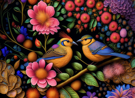 Couple of fantasy birds on top of a bunch of flowers in the Meadow. Painting of two birds sitting on a branch surrounded by flowers. Generative Aiの素材