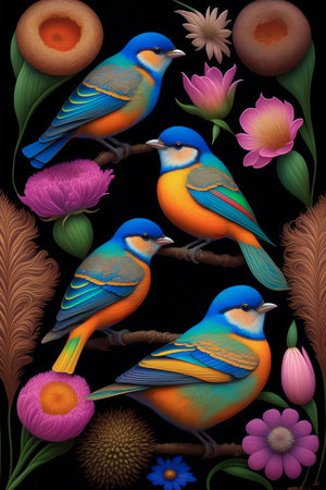 Fantasy painting of a group of birds on top of a branch surrounded by flowers. Illustration of portrait of family birds sitting on floral background. Generative Aiの素材