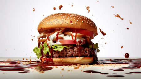 Meat burger Goumert, cheese, beacon, sauce, lettuce, tomato, onion,on wooden table. Big cheeseburger close up. hamburger with meat bun with salad, cheese and ketchup juicy and appetizing. Generative Aiの素材