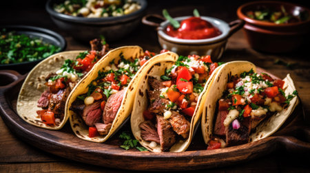 Mexican tacos with beef, carnitas, and ingredients isolated on the kitchen background. Presentation of tray with Four mexican pork tacos over the table. Generative Aiの素材