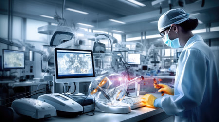 Chemist performing automated analysis in the diagnostic equipment of the Laboratory. Researcher woman working in the technology laboratory with Scientific instruments. Generative Ai.の素材