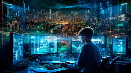 young man is immersed in a cyberpunk world with virtual reality. A guy plays with AR technology in the game room at home. Generative AIの素材