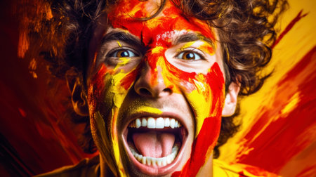 Guy with his face painted in the colors of spain of him cheering for his country's team. Portrait of a man with the flag of the Spain painted on his face. Generative Aiの素材