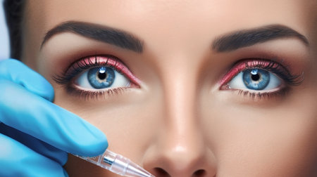 Lady receiving aesthetic medical treatment at the beauty clinic. close-up of the eyes of a patient in the medical consultation. Generative Aiの素材
