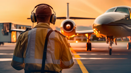 Specialist Ground control people prepares for departing of aircraft from the airport. Ground Handling agent in front of plane for review in the airport. Generative Aiの素材