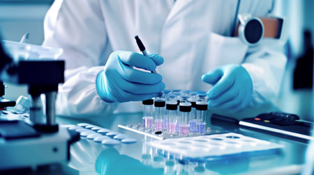 Doctor pipetting biological samples in tubes rack. Hands of Researcher, doctor, scientist or laboratory technician working with fluids samples in tubes in modern lab or hospital. Generative Ai.の素材