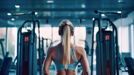 Sportwoman in front of the Machines room of the Sports Club. Girl ready for training workout at fitness gym. Generative Ai.の素材