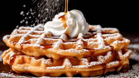 chaffles or Rosette cookies whit honey and sugar glass. Delicious Waffles or Funnel Cake with cream and caramel in Black Background. Generative Ai.の素材