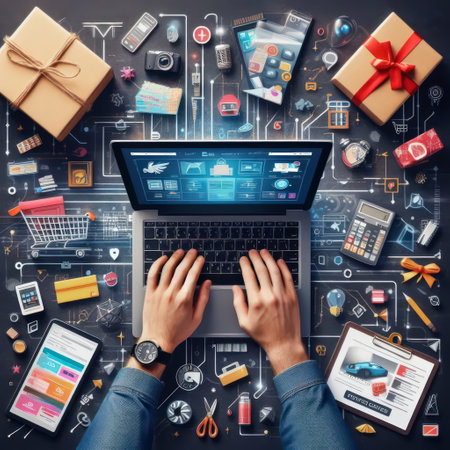 Male with Laptop with online shopping. Man shopper with laptop shopping online in e-commerce. Generative Aiの素材