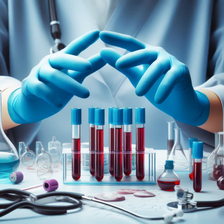 researcher working whit blood samples. Close-up of a doctor hands with gloves working in a blood testing laboratory. Generative Ai.の素材