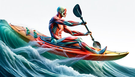 dummies rowing a kayak on the river. Illustration of figure anatomical athlete canoeist rowing in canoe race. generative Ai.の素材