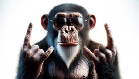 Monkey doing the heavy metal horns hand sign. chimpanzee making expression rock symbol with hands up. Generative Ai.の写真素材