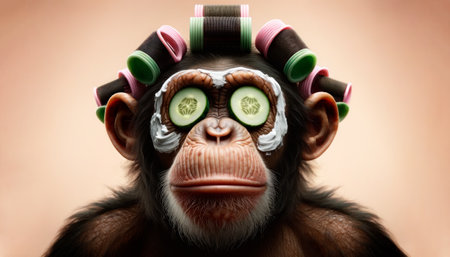 Illustration of a funny and cute monkey getting beauty care. Funny chimpanzee with curlers, face cream and cucumber slices in the eyes.の素材