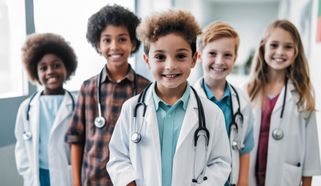 children wearing lab coats and stethoscopes, playing as doctors. Group of Children Dressed as Doctors with Stethoscopesの素材