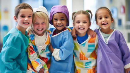 Five happy pediatric patients dressed in vibrant medical scrubs in a clinical setting. Joyful Children in Colorful Medical Scrubs and Capsの素材