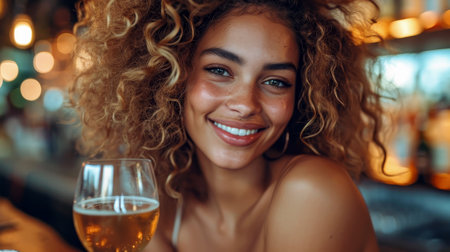 Woman with curly hair holding a beer glass in a cozy bar setting. Joyful Curly-Haired Woman Enjoying a Glass of beerの素材