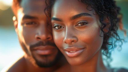man and woman enjoying a moment together during a golden sunset. Couple hugging Sharing a Sunset Momentの素材