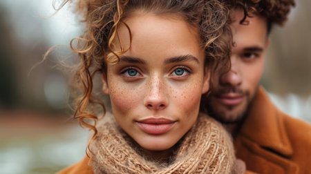 young woman with striking blue eyes, embraced by her partner. Young Couple in Warm Hues of Autumnの素材