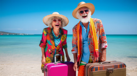 An elderly couple haciendo vacaciones laugh joyously with luggage in hand on a sunny beach. Joyful Senior Couple with Luggage at the Beachの素材