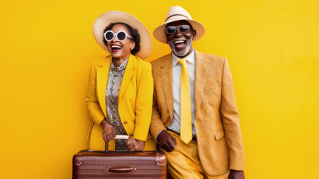 An elegant elderly couple shares a laugh, dressed in chic yellow outfits, holding a suitcase against a vibrant yellow background. Stylish Senior Couple Ready for Travel Against Yellow Backdropの素材