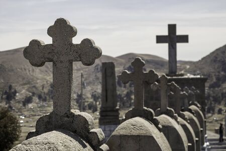 A lot of crosses in the Calvario mountain in Copacabana, Boliviaの写真素材
