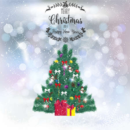 Realistic Christmas tree with decorations on a background of snow. Fir branches. Greeting card with the holiday.のイラスト素材