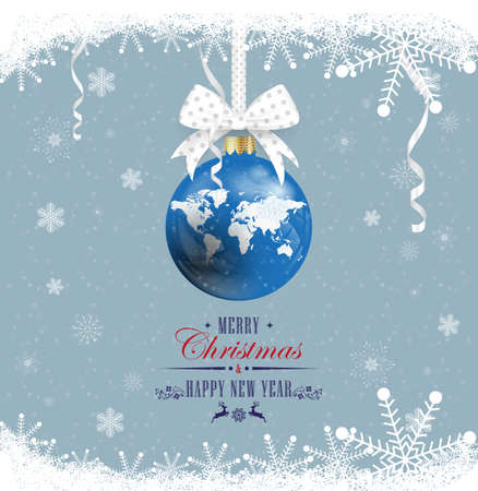 Happy New Year and Merry Christmas. World map. New Year's ball on a white ribbon with a bow on a snowy background. World map.のイラスト素材