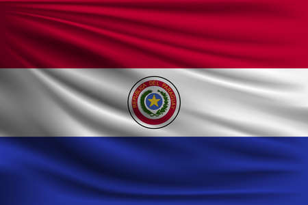 The national flag of Paraguay. The symbol of the state on wavy silk fabric. Realistic vector illustration.のイラスト素材