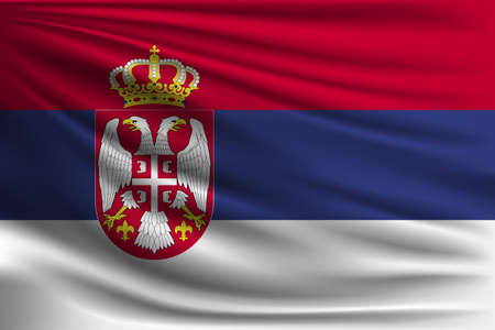 The national flag of Serbia. The symbol of the state on wavy silk fabric. Realistic vector...