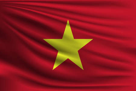 The national flag of Vietnam. The symbol of the state on wavy silk fabric. Realistic vector illustration.のイラスト素材
