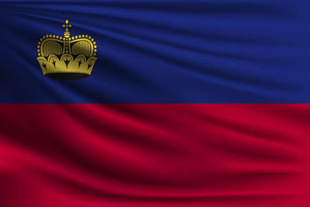 The national flag of Liechtenstein. The symbol of the state on wavy silk fabric. Realistic vector illustration.のイラスト素材