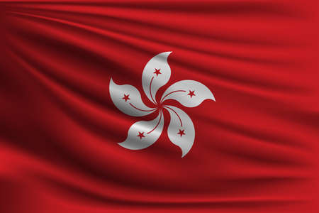 The national flag of Hong Kong. The symbol of the state on wavy silk fabric. Realistic vector illustration.のイラスト素材