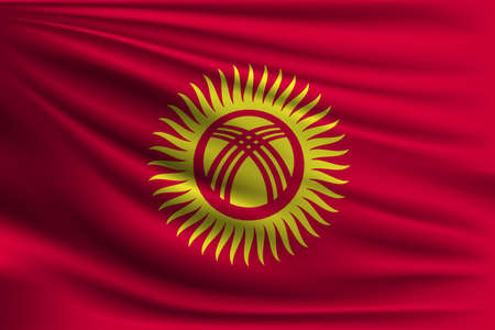 The national flag of Kyrgyzstan. The symbol of the state on wavy silk fabric. Realistic vector illustration.のイラスト素材