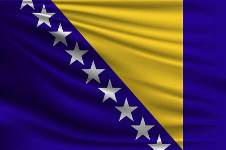 The national flag of Bosnia and Herzegovina. The symbol of the state on wavy silk fabric. Realistic vector illustration.のイラスト素材